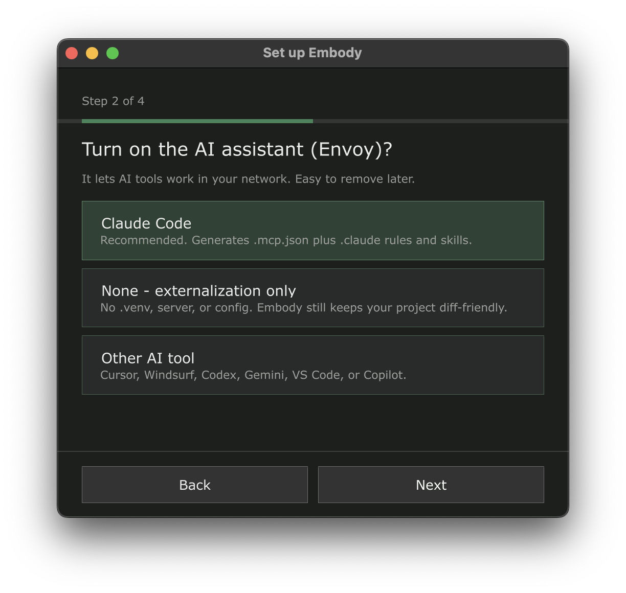 The AI assistant step of the setup wizard, offering Claude Code, externalization only, or another AI tool