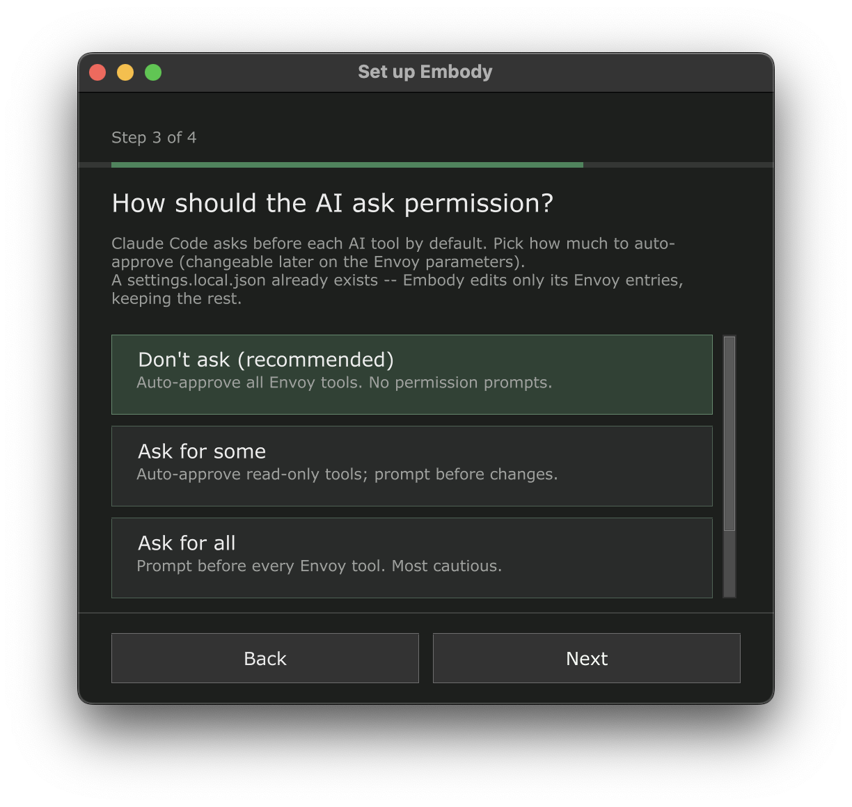 The permissions step of the setup wizard, choosing how much Embody pre-approves Envoy tools